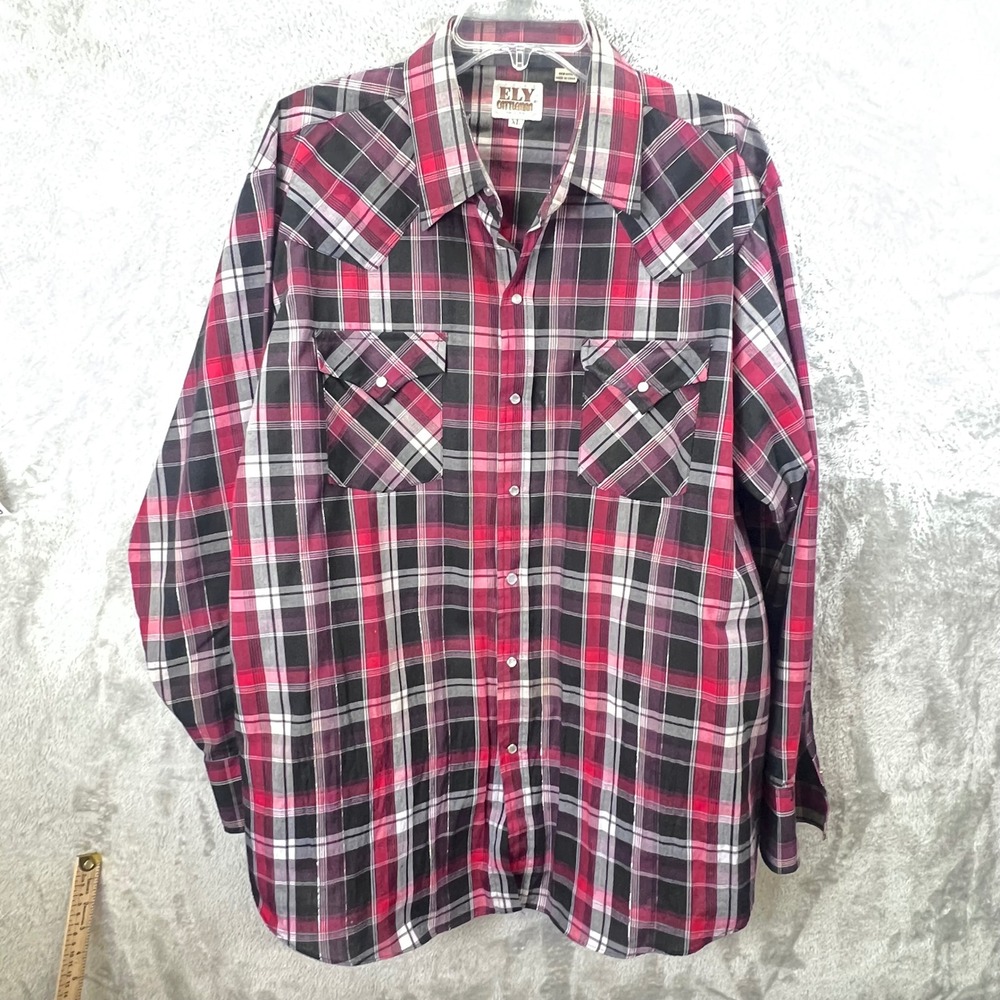 Ely Cattleman Mens XL‎ Red Black Plaid Metallic Western Pearl Snap Rockabilly